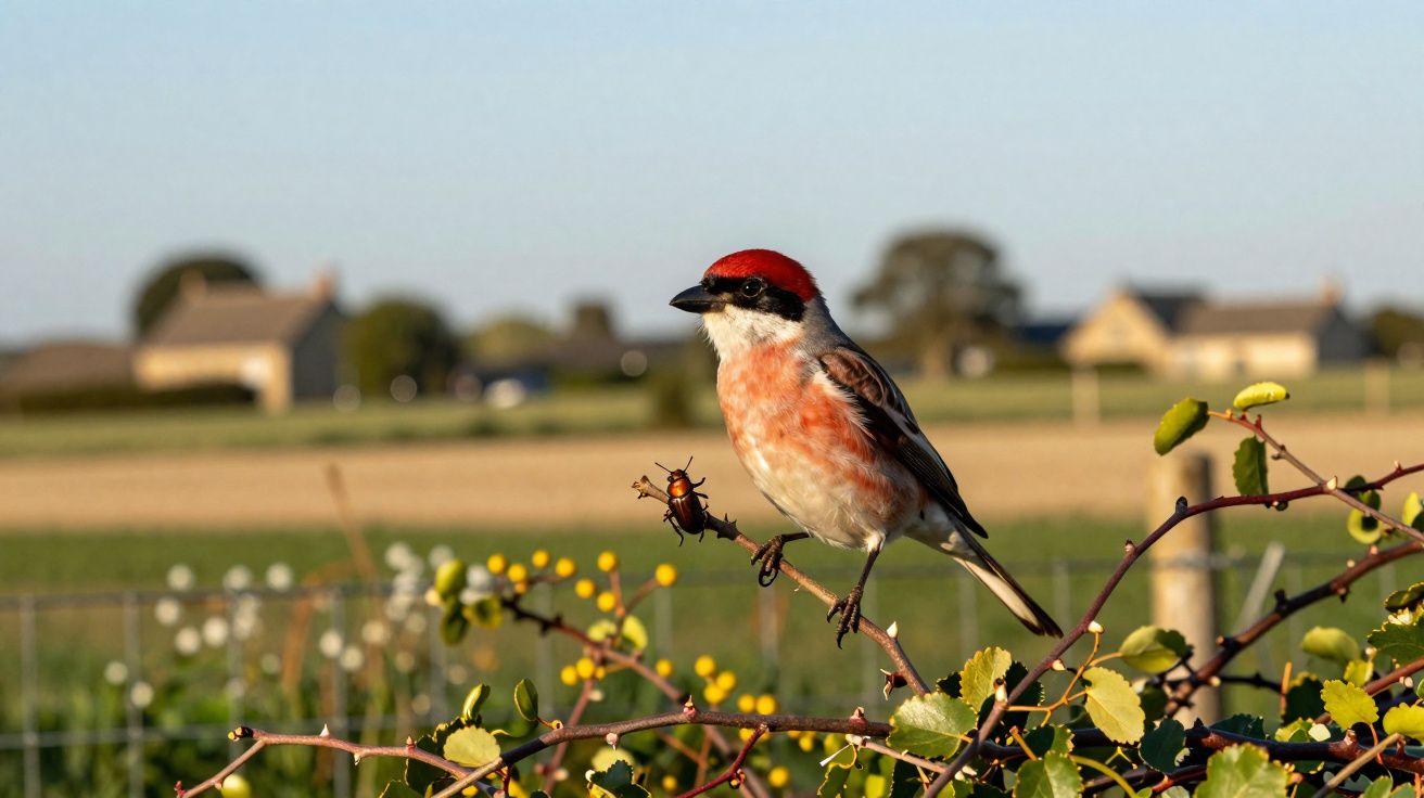 Pássaro com cabeça vermelha empoleirado em galho com plantas e fazendas ao fundo em campo aberto.