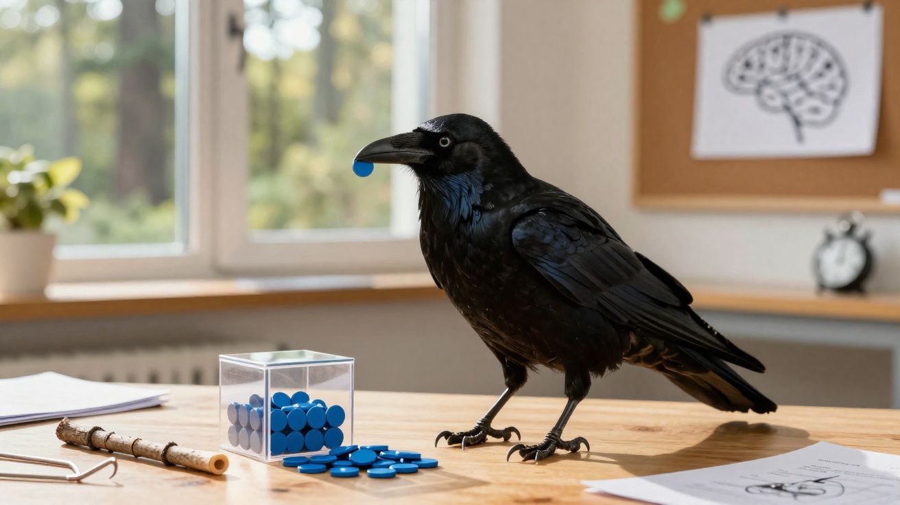 Corvo segurando comprimido azul no bico sobre mesa com mais comprimidos e desenhos de cérebro em ambiente interno.