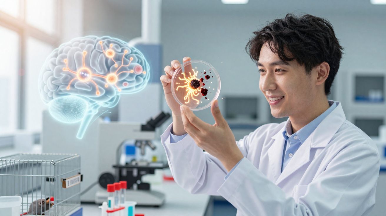 Cientista em laboratório observando cultura celular e holograma digital de cérebro com conexões neurais.