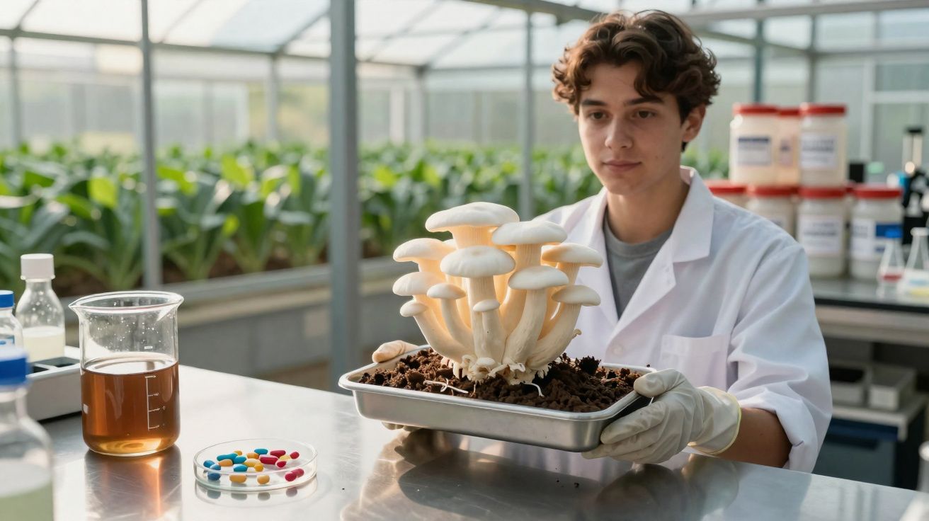 Jovem cientista em laboratório segurando bandeja com cogumelos cultivados em substrato.