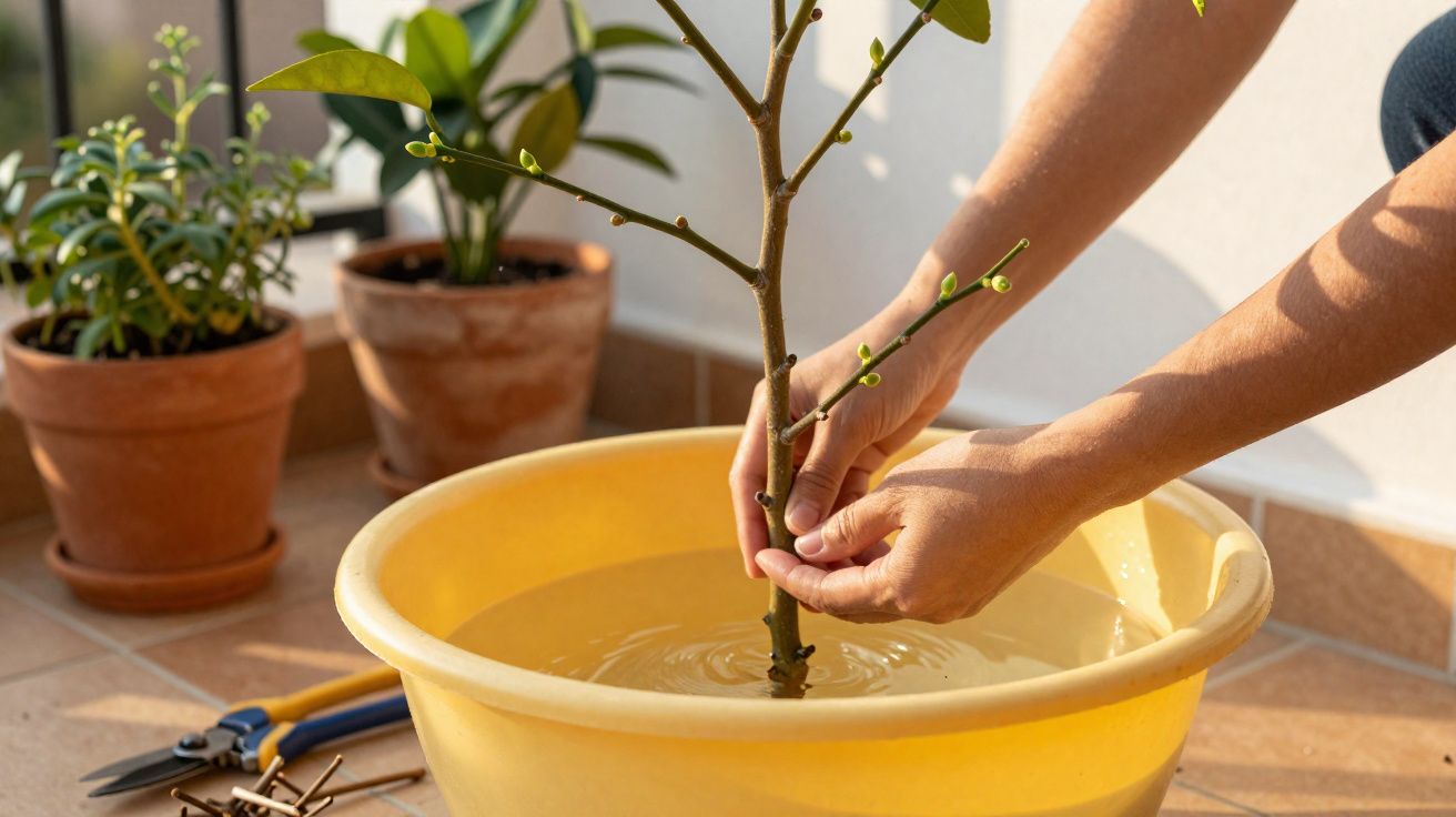 Mãos ajustando muda de planta em balde amarelo com água para enraizamento, ao lado de vasos e tesoura.