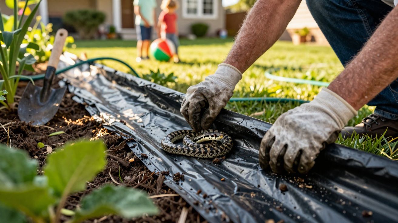 Pessoa de luvas removendo cobra do jardim perto de casa com crianças brincando ao fundo.