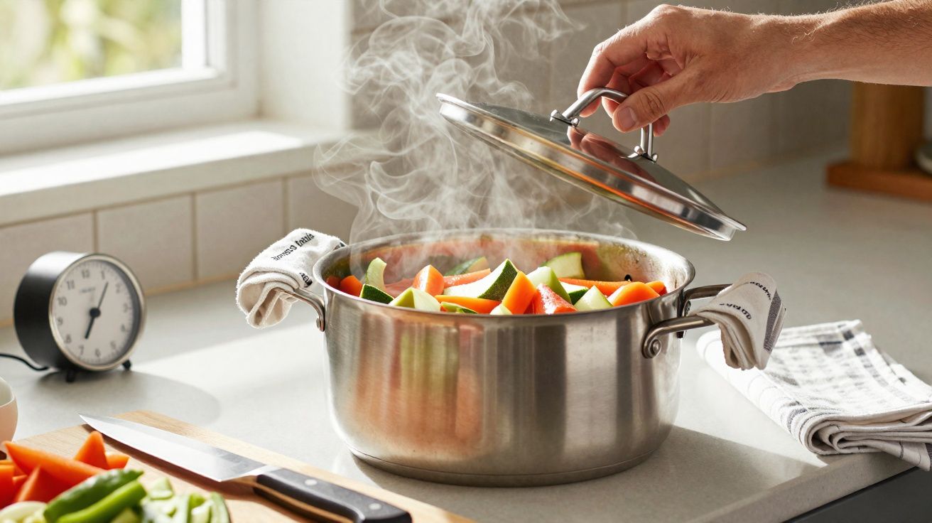 Mão levantando tampa de panela com legumes cozinhando e vapor saindo em cozinha iluminada.