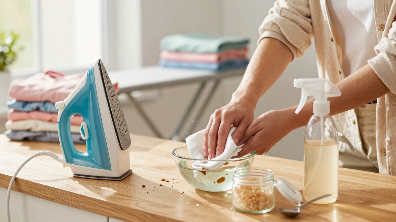 Pessoa lavando pano em tigela com spray de limpeza, ferro de passar e roupas ao fundo.
