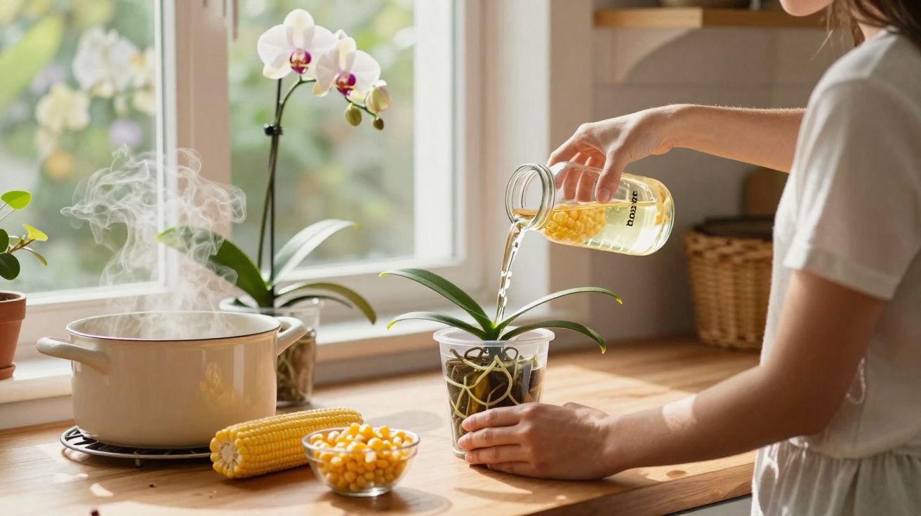 Pessoa regando orquídea em vaso transparente em cozinha com milho e panela fumegante na bancada.