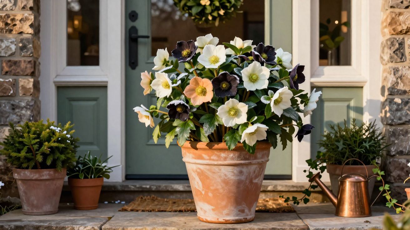 Vaso de barro com flores coloridas na porta de entrada de casa com plantas e regador ao redor.