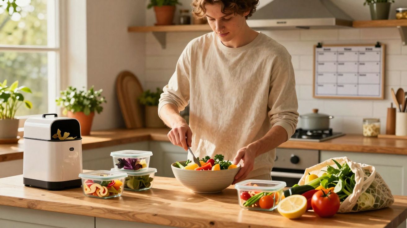 Pessoa preparando salada em cozinha moderna com vegetais frescos e recipientes plásticos transparentes na bancada.
