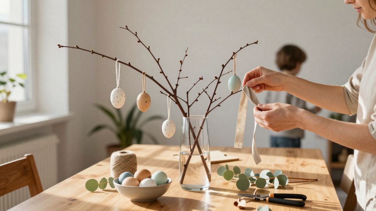 Pessoa decorando galho com ovos de Páscoa pendurados em sala iluminada.