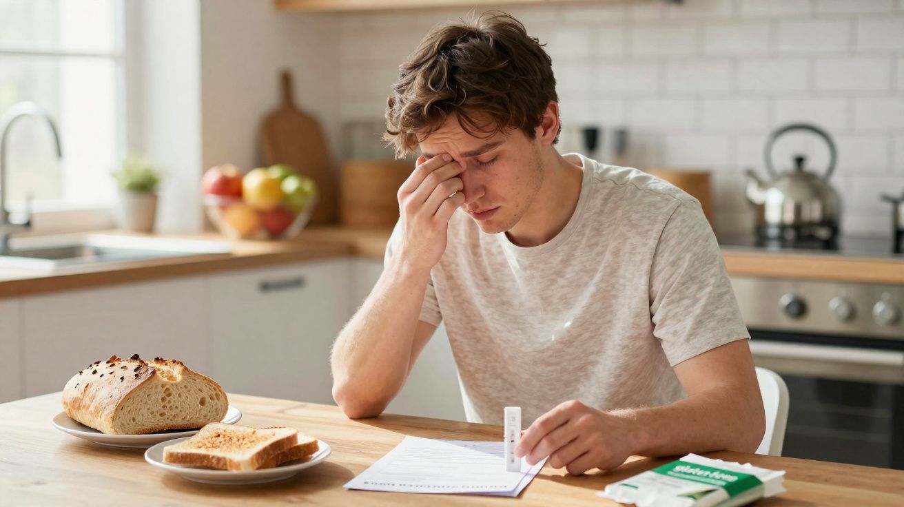 Homem com expressão preocupada olhando para papel em cozinha, com pão e torradas na mesa.