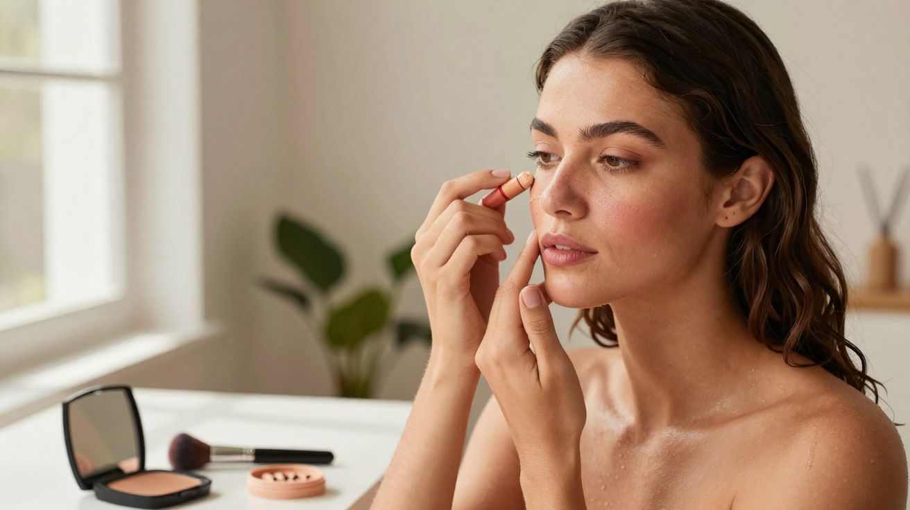 Mulher aplicando corretivo sob os olhos com pincel de maquiagem em ambiente iluminado e interno.