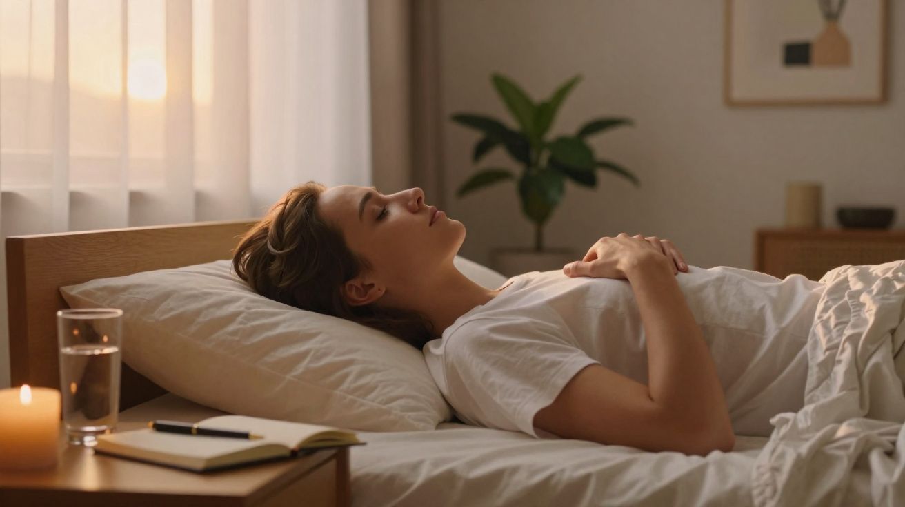 Mulher deitada na cama com os olhos fechados, luz suave entrando pela janela, vela acesa ao lado.