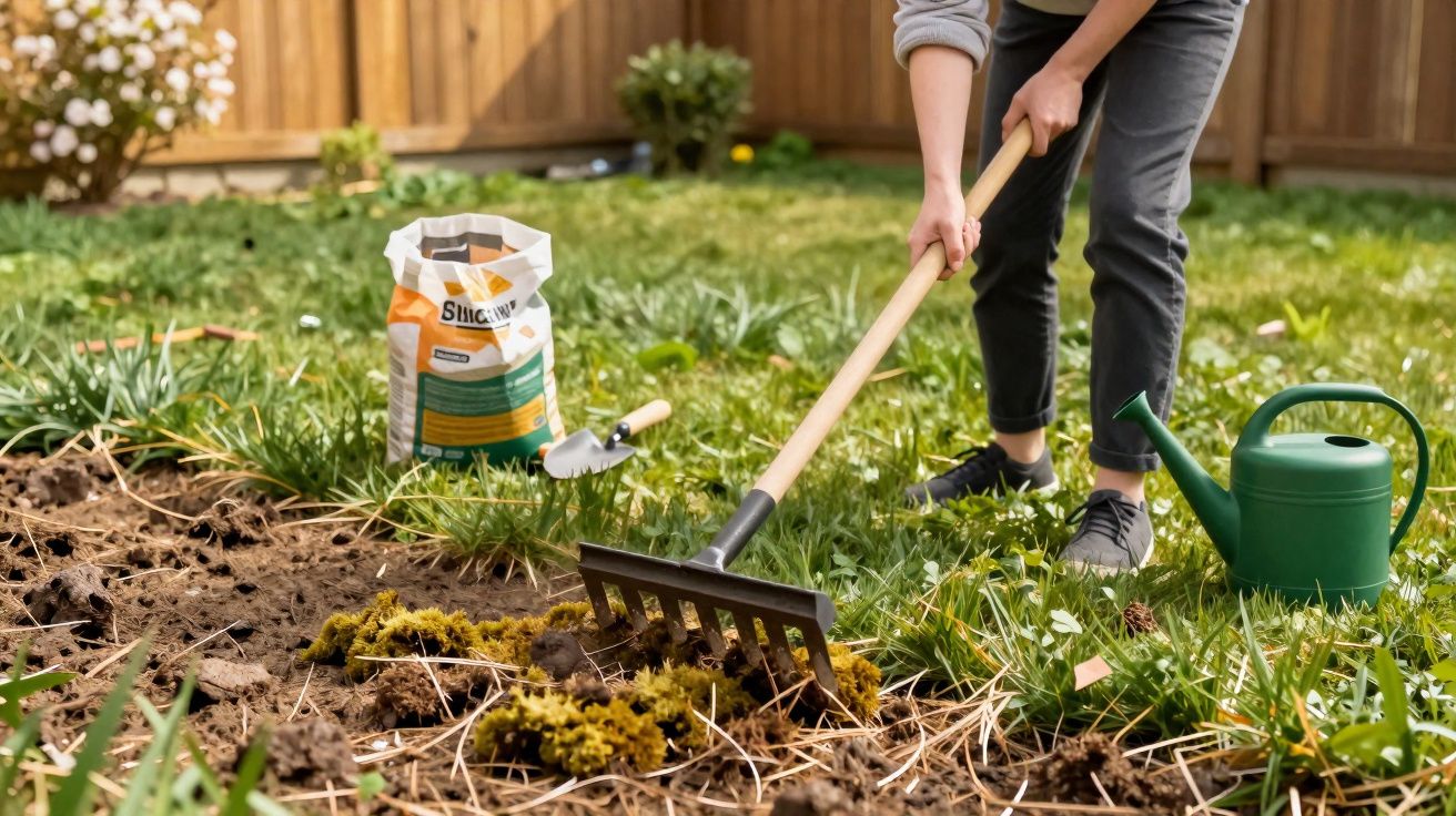 Pessoa mexendo terra com ancinho em jardim, ao lado de regador verde e saco de adubo.