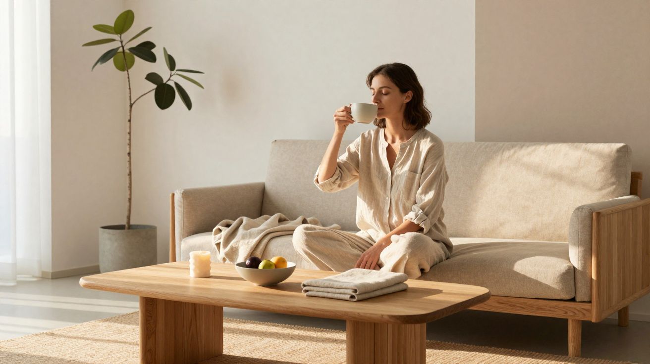 Mulher sentada no sofá tomando café em sala iluminada, com mesa de madeira, planta e frutas.
