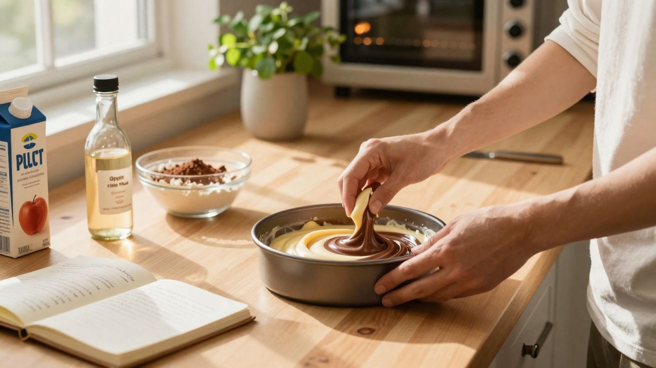 Pessoa misturando massa de bolo branca e de chocolate em forma redonda sobre bancada de madeira, com ingredientes e livro abe