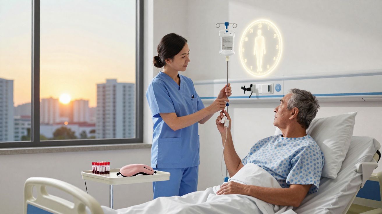 Enfermeira ajusta soro para paciente idoso em quarto de hospital ao pôr do sol.