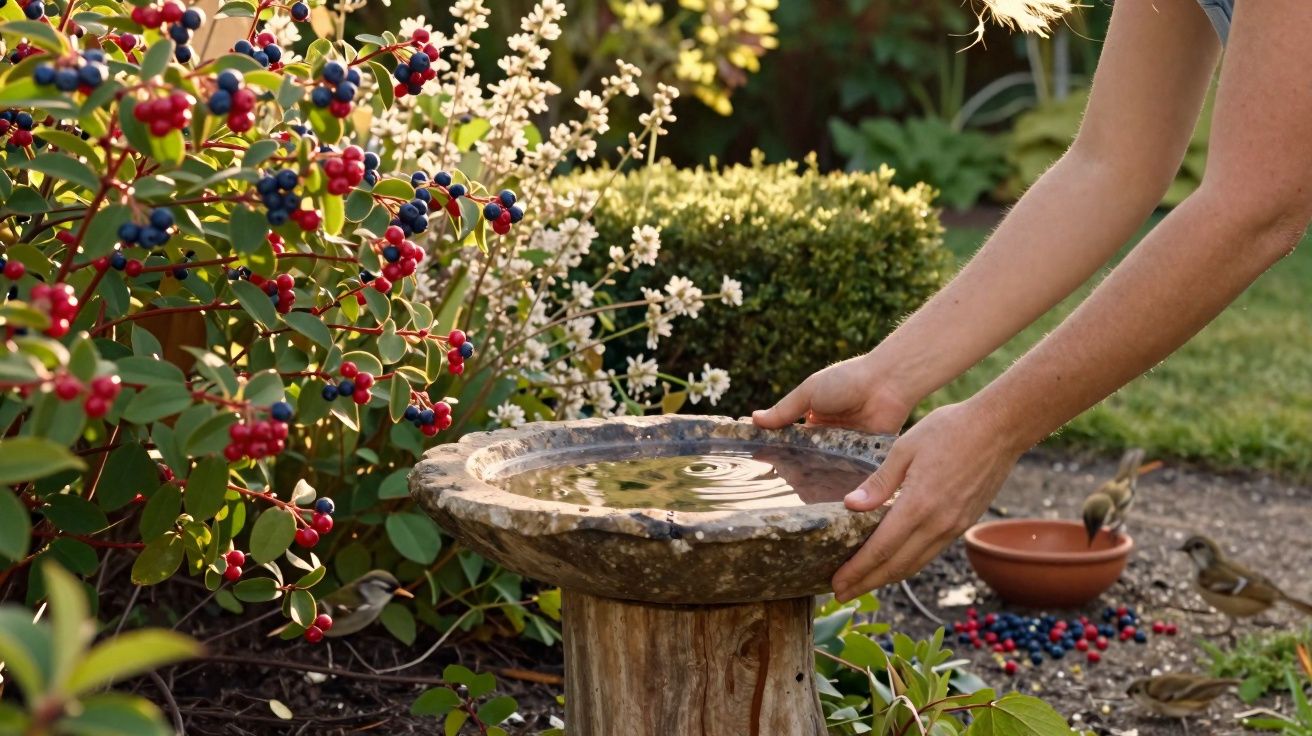 Mãos enchendo um bebedouro de pedra no jardim, com arbustos, bagas e pássaros ao redor.