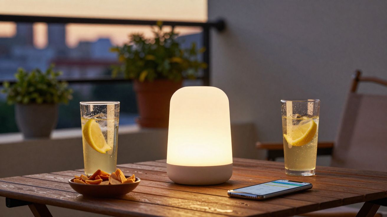 Luminária acesa, dois copos com bebida e fatias de limão, celular e petisco sobre mesa de madeira em varanda.