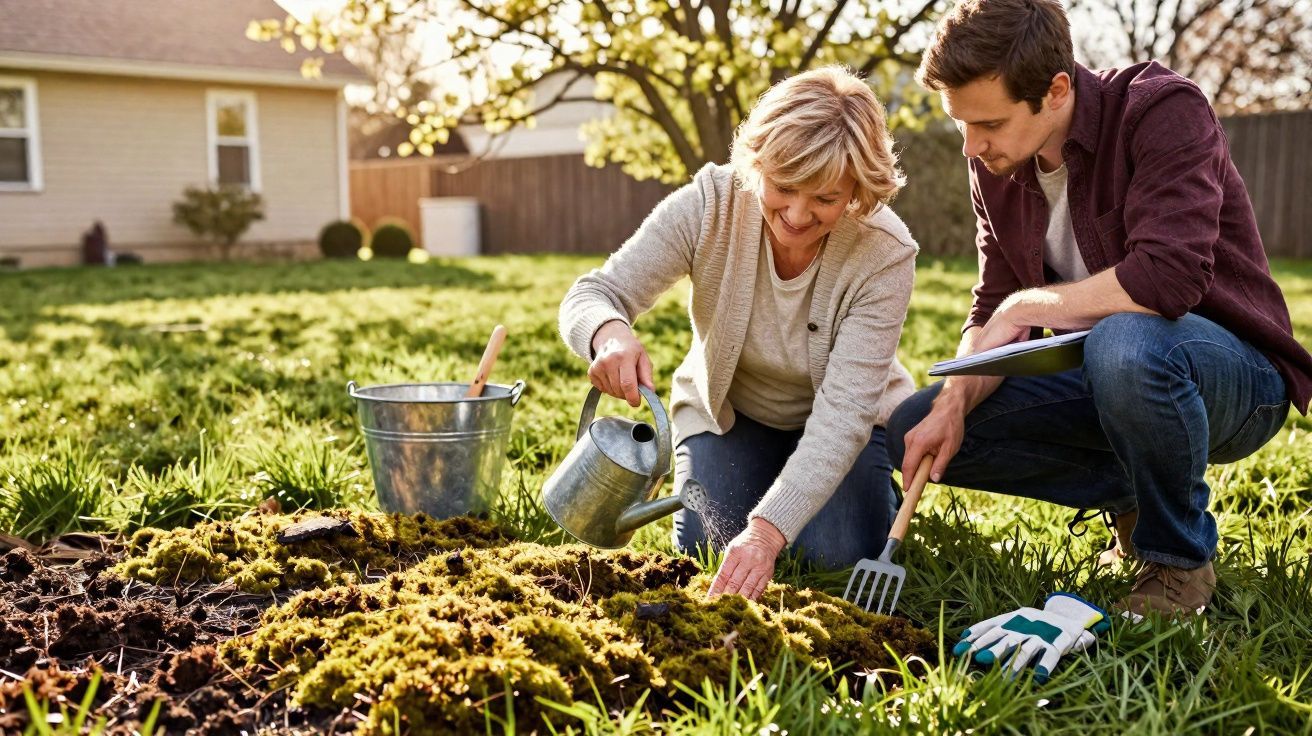 Mulher regando planta enquanto homem observa com pá e caderno em jardim ensolarado.