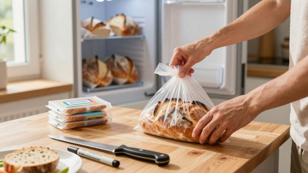 Mãos seguram pão embrulhado em plástico sobre mesa de madeira próxima a faca e pão fatiado.