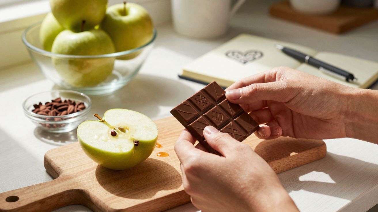 Mãos segurando pedaço de chocolate diante de maçã verde cortada ao meio em tábua de madeira.