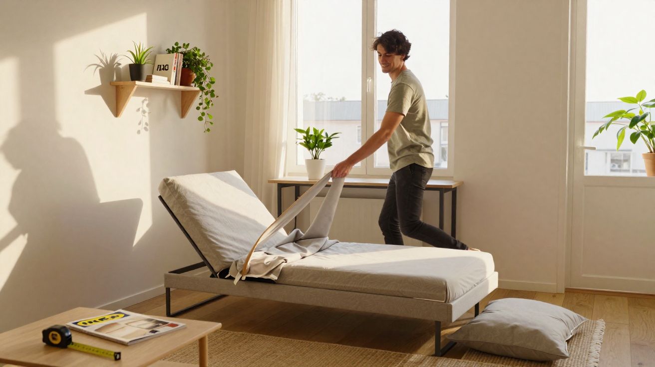 Pessoa arrumando a cama em quarto iluminado com plantas, janela e decoração moderna minimalista.