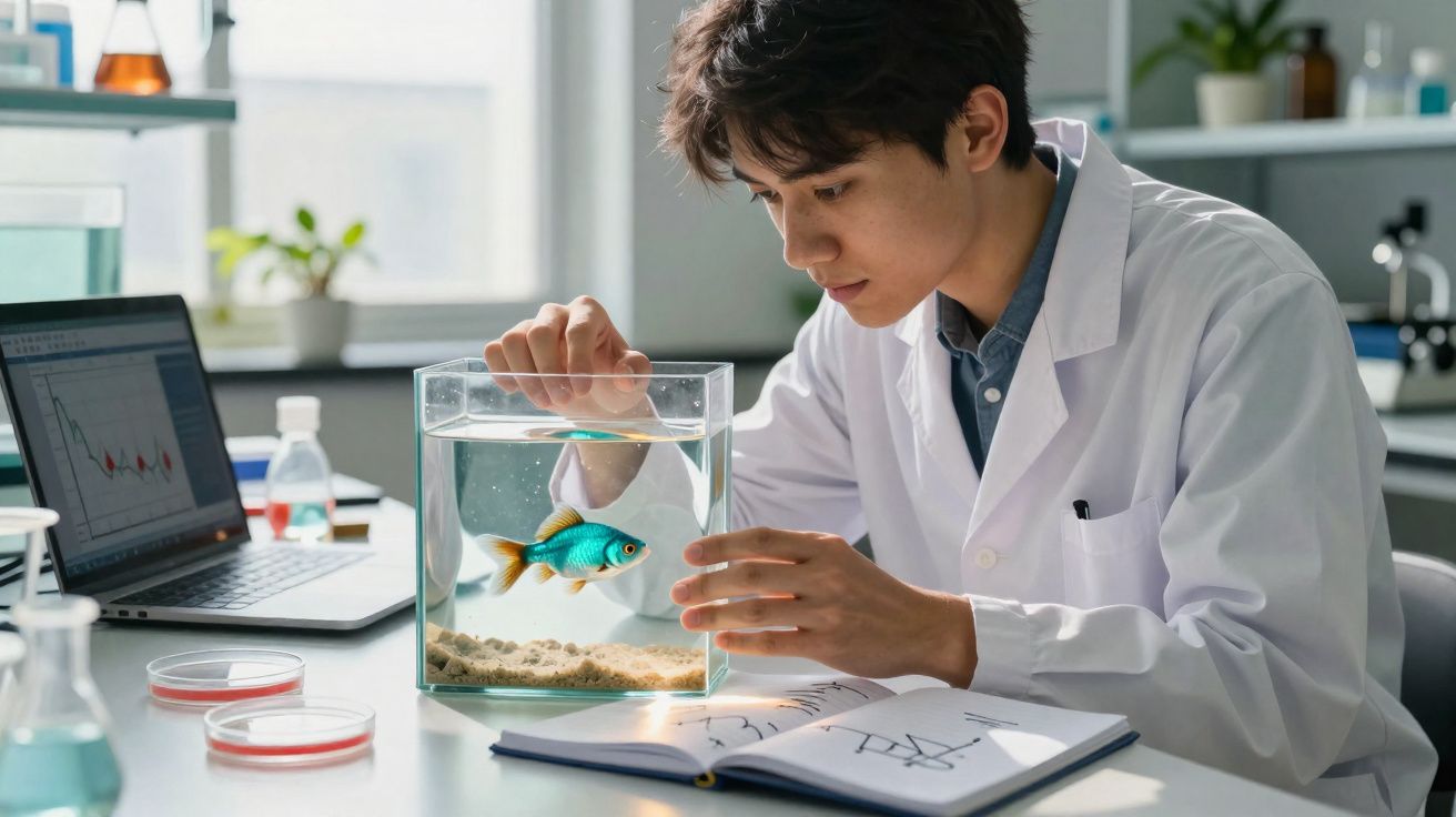 Cientista em laboratório observa peixinho dourado em aquário enquanto faz anotações em caderno aberto.