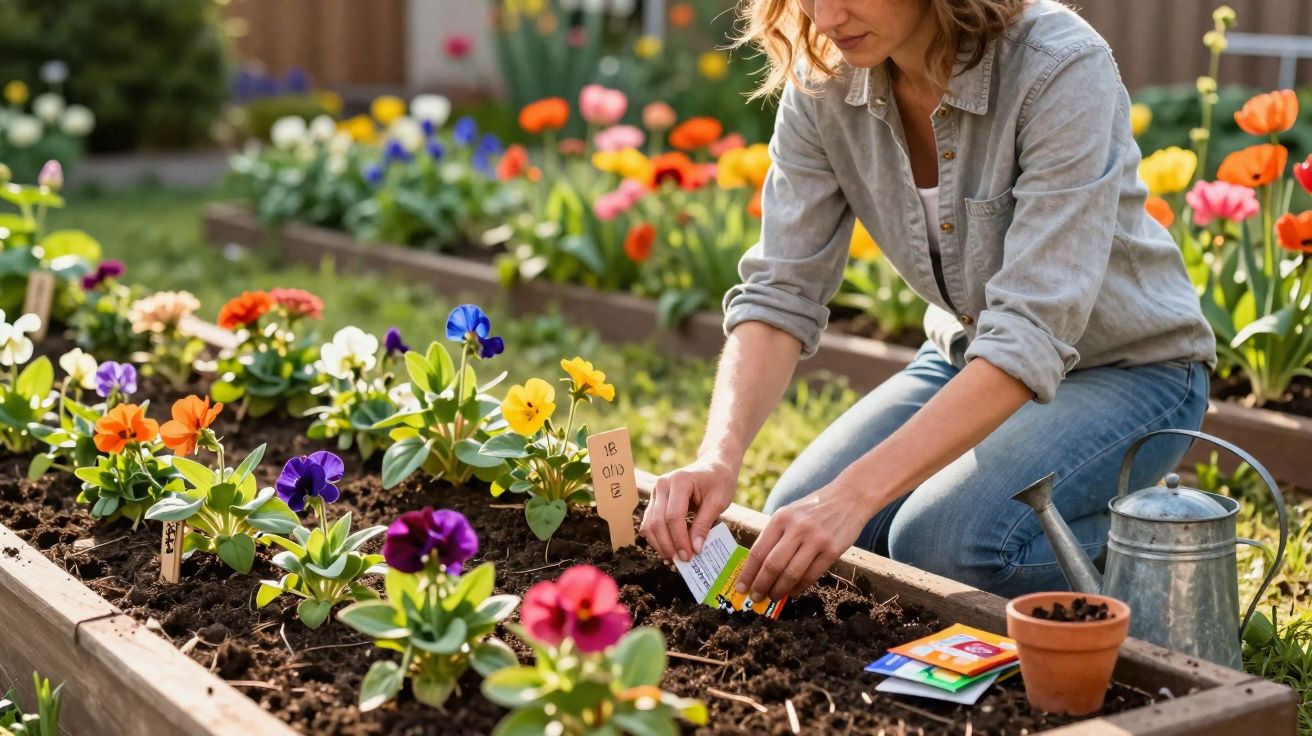Mulher plantando flores coloridas em canteiro no jardim com regador ao lado.