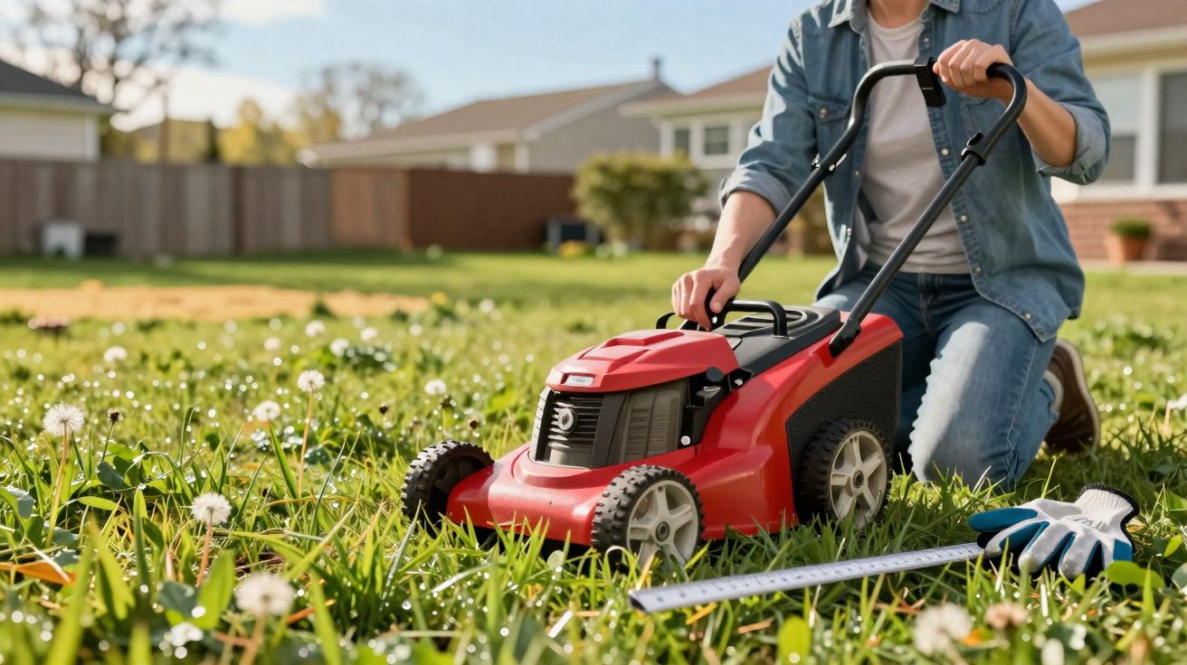Pessoa ajoelhada com cortador de grama vermelho em jardim, ao lado de régua e luvas.