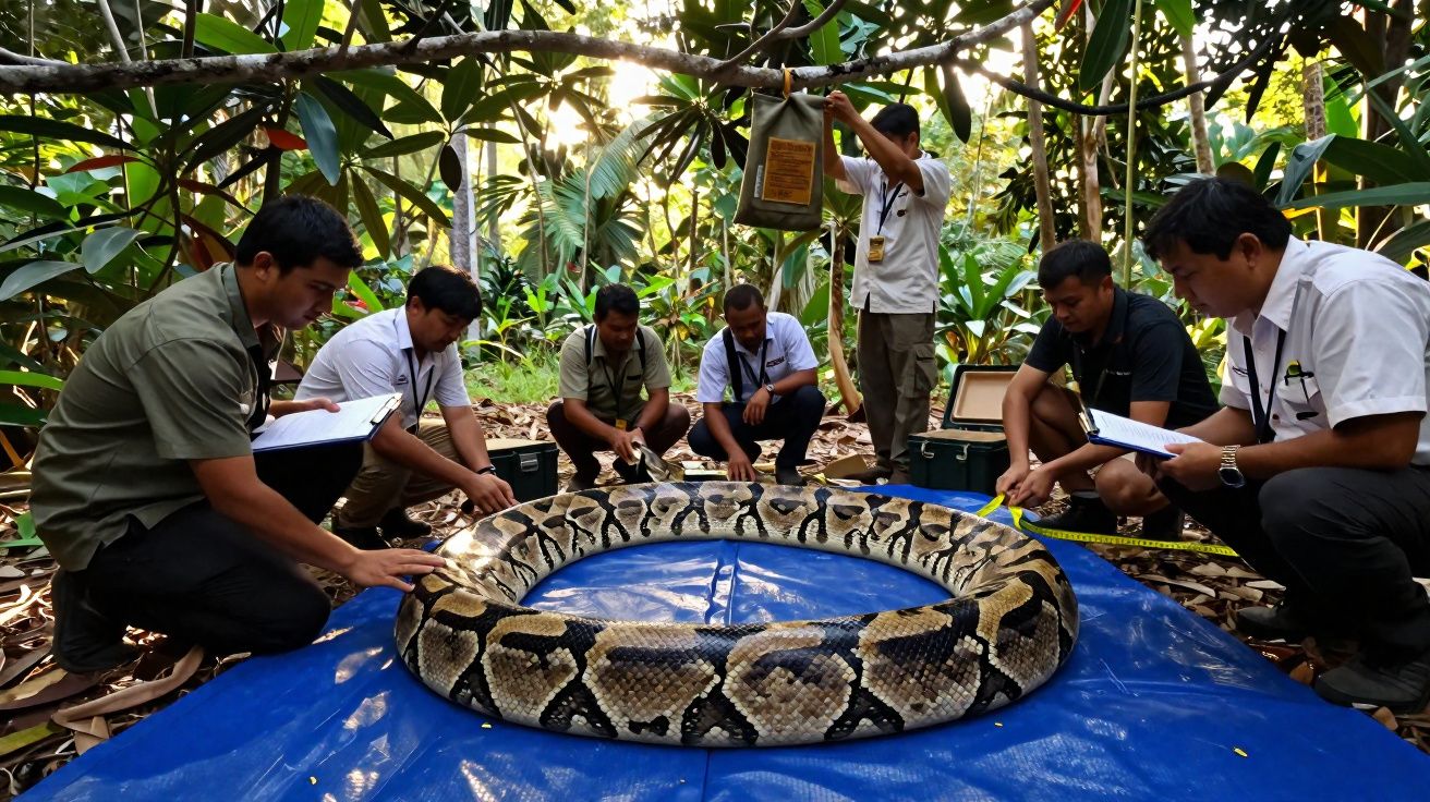 Equipe de pesquisadores mede e registra dados de uma píton gigante enrolada em lençol azul na floresta.