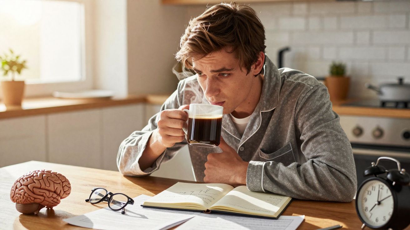 Homem jovem de pijama tomando café, sentado à mesa com livros, óculos, relógio e cérebro de modelo.