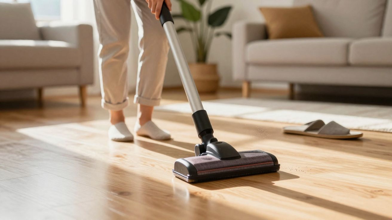Pessoa limpando piso de madeira clara usando mop elétrico em sala de estar iluminada.