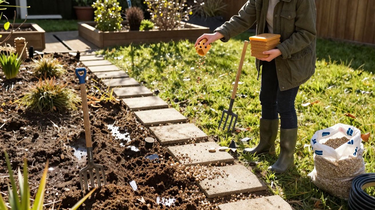 Pessoa com botas e jaqueta verde espalha cascalho em jardim com ferramentas e sacos ao redor.