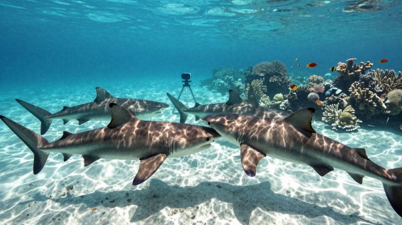 Quatro tubarões nadando em águas claras perto de corais coloridos com câmeras subaquáticas.