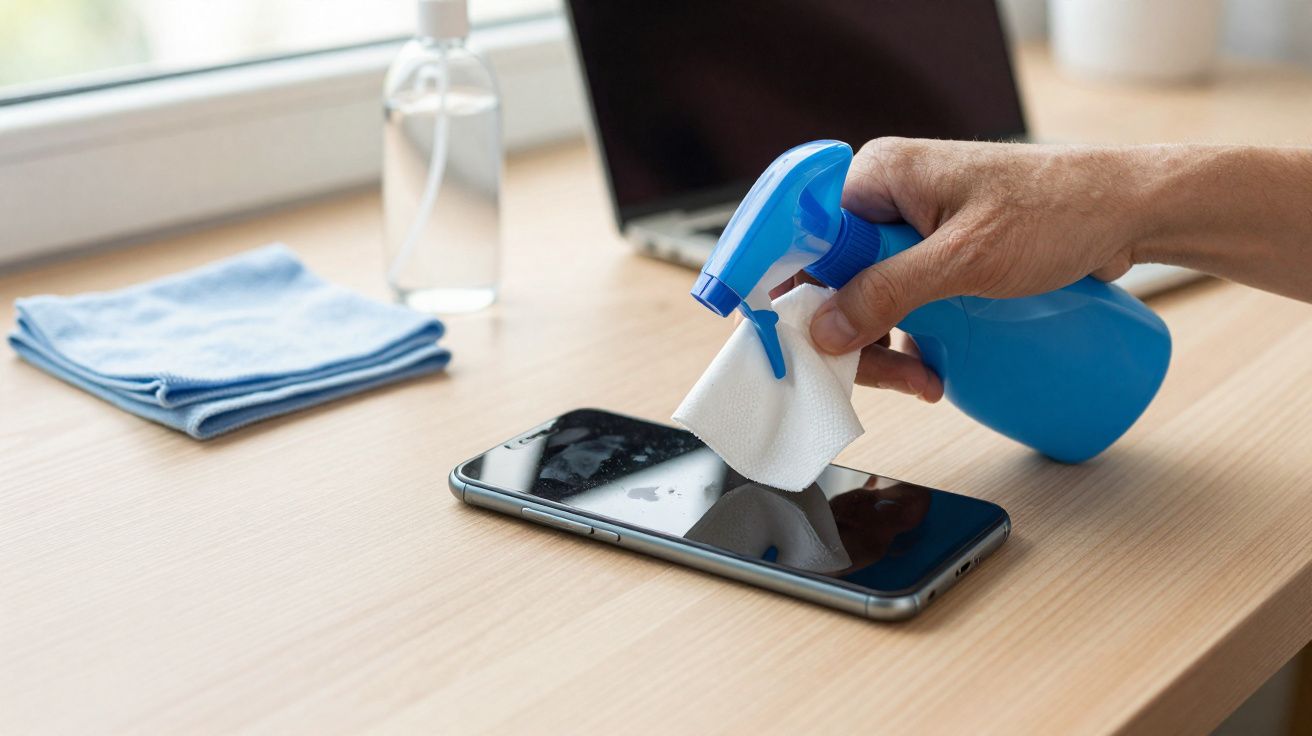 Pessoa limpando a tela de um smartphone com spray azul e pano branco sobre mesa de madeira clara.