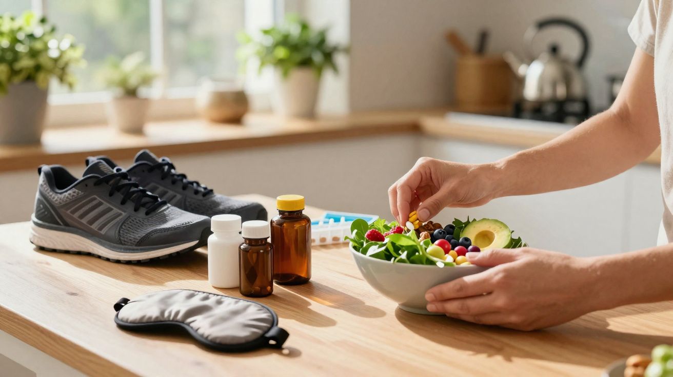 Pessoa preparando salada saudável em cozinha, próximo a suplementos, tênis de corrida e máscara para dormir.