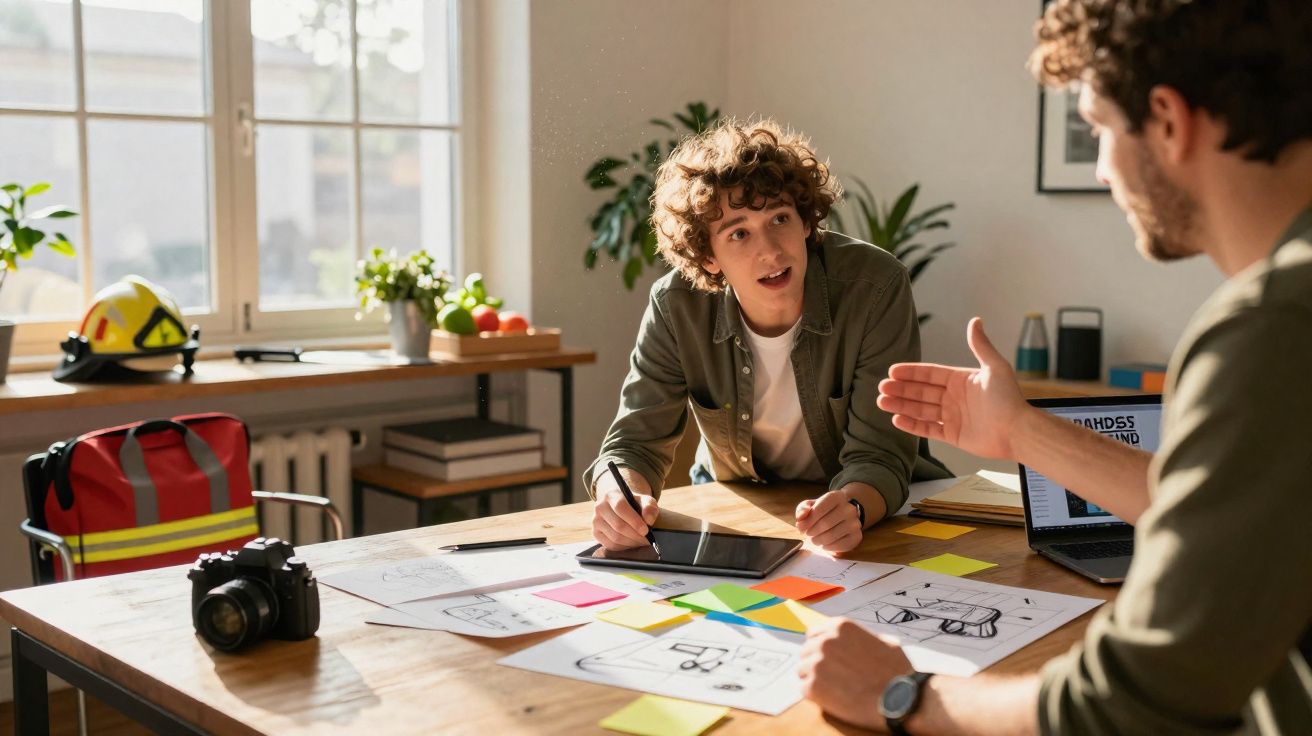 Duas pessoas discutindo projetos criativos em uma mesa com desenhos, câmera e laptop em ambiente iluminado.