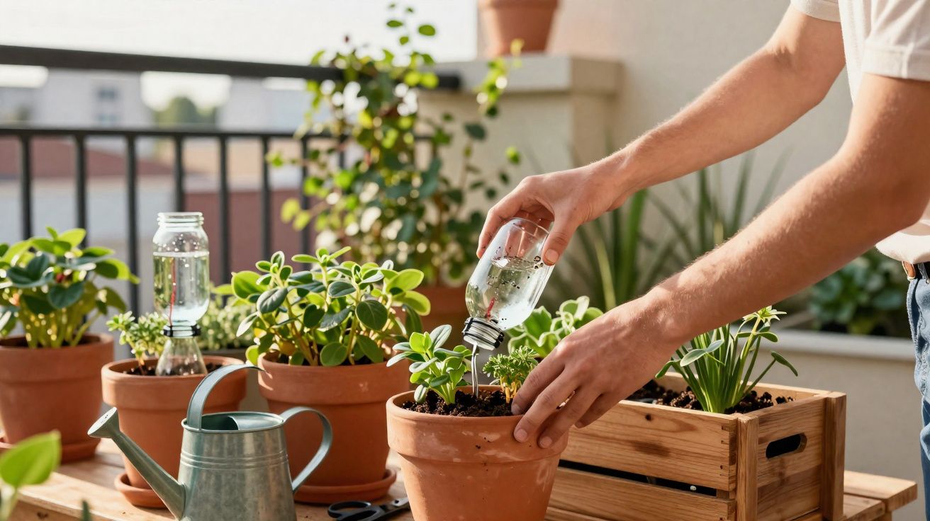 Pessoa regando planta em vaso de barro com garrafa reutilizada, em varanda com várias plantas e regador.