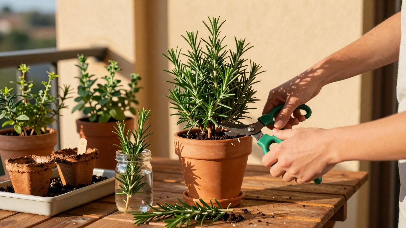 Pessoa podando planta de alecrim em vaso de barro sobre mesa de madeira ao ar livre.