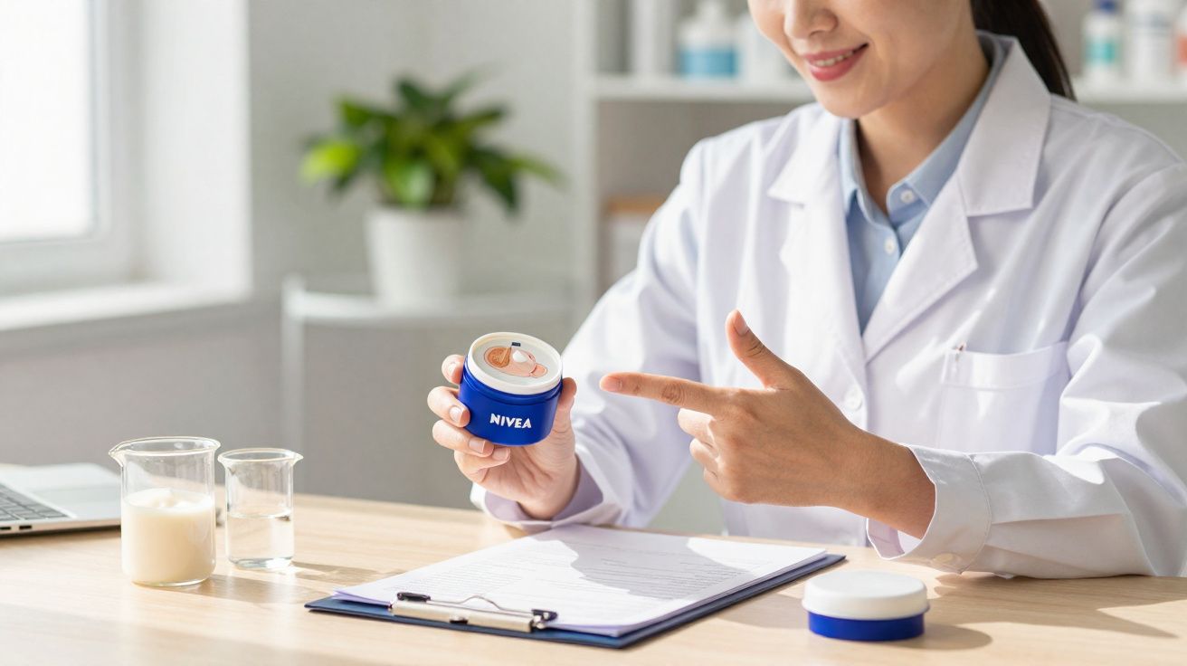 Mulher de jaleco branco apontando para pote de creme Nivea em mesa com clipboard e copos.