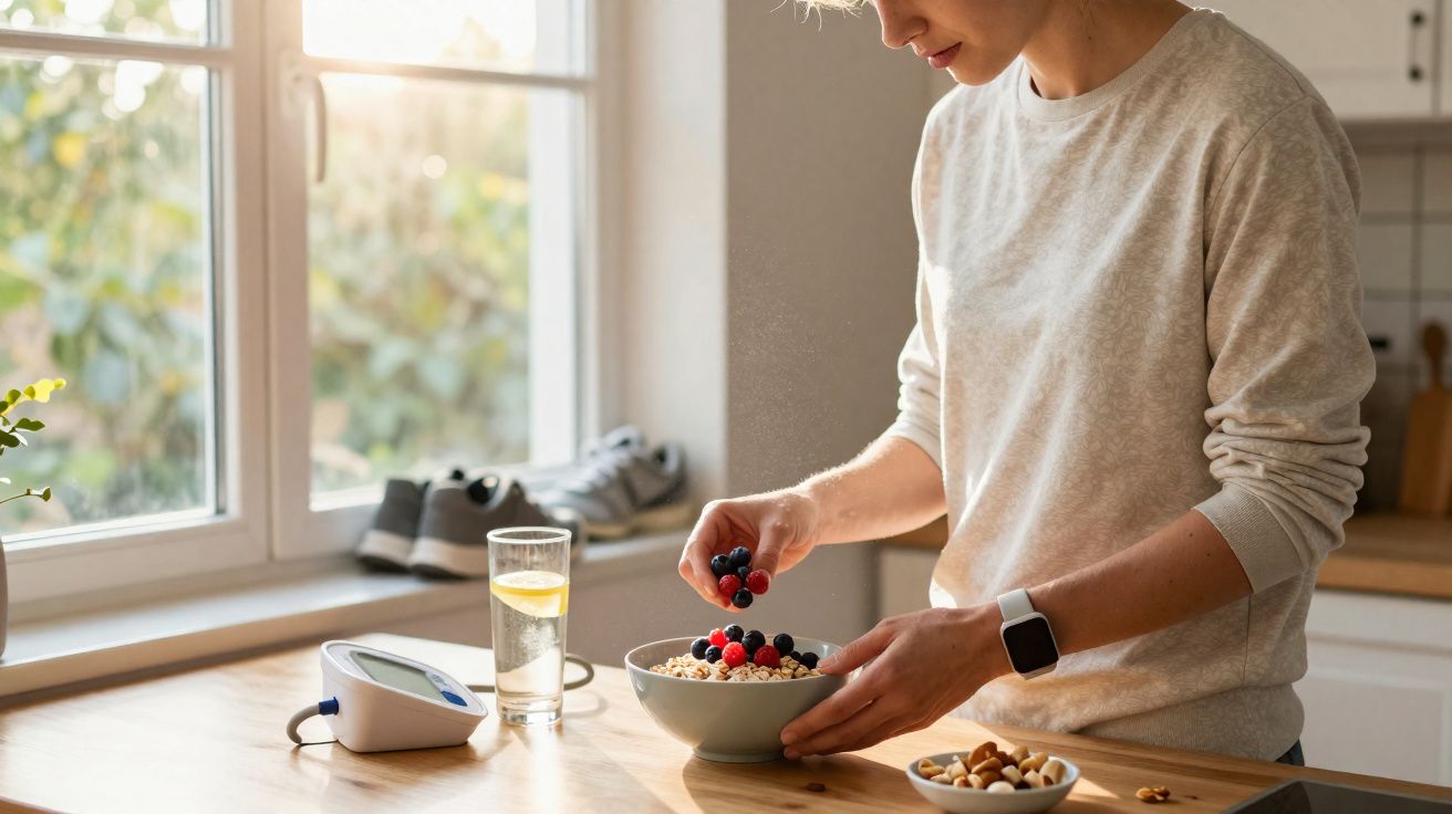 Pessoa preparando tigela de cereal com frutas e castanhas em cozinha iluminada pela janela.