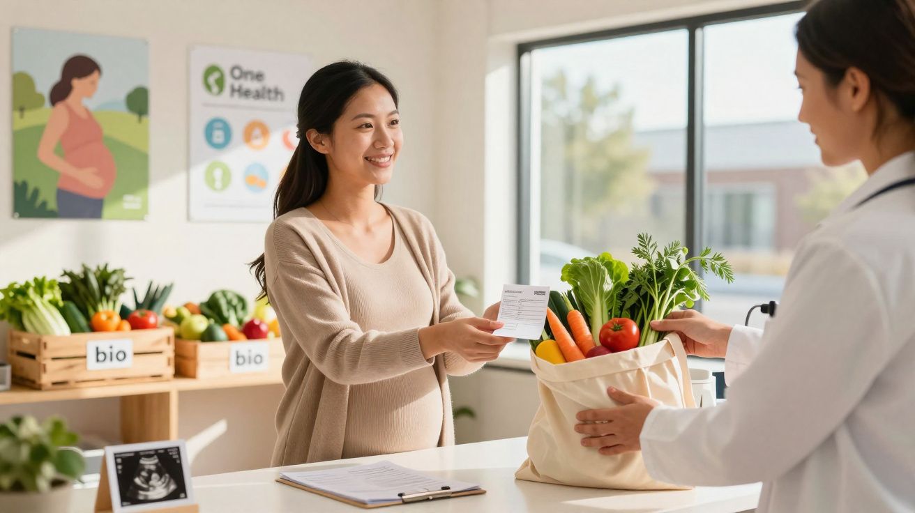 Mulher grávida entregando receita para nutricionista em clínica com sacola de vegetais frescos.