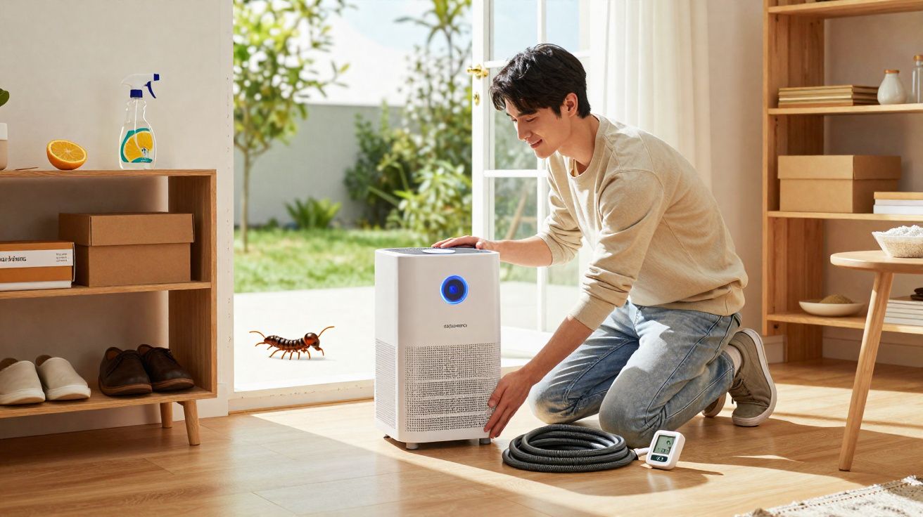 Homem instalar purificador de ar em sala com centopéia do lado de fora da porta aberta.