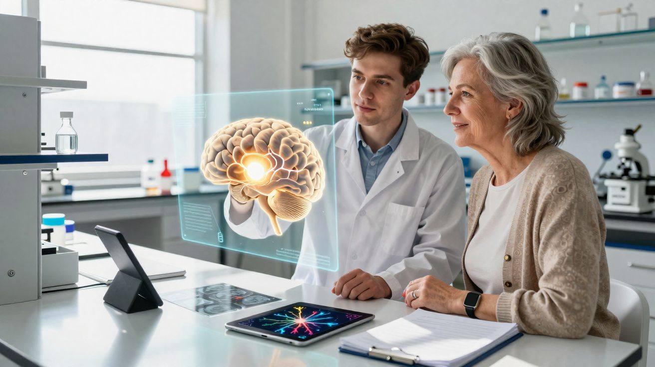 Médico mostrando modelo virtual de cérebro para idosa em consultório moderno e bem iluminado.