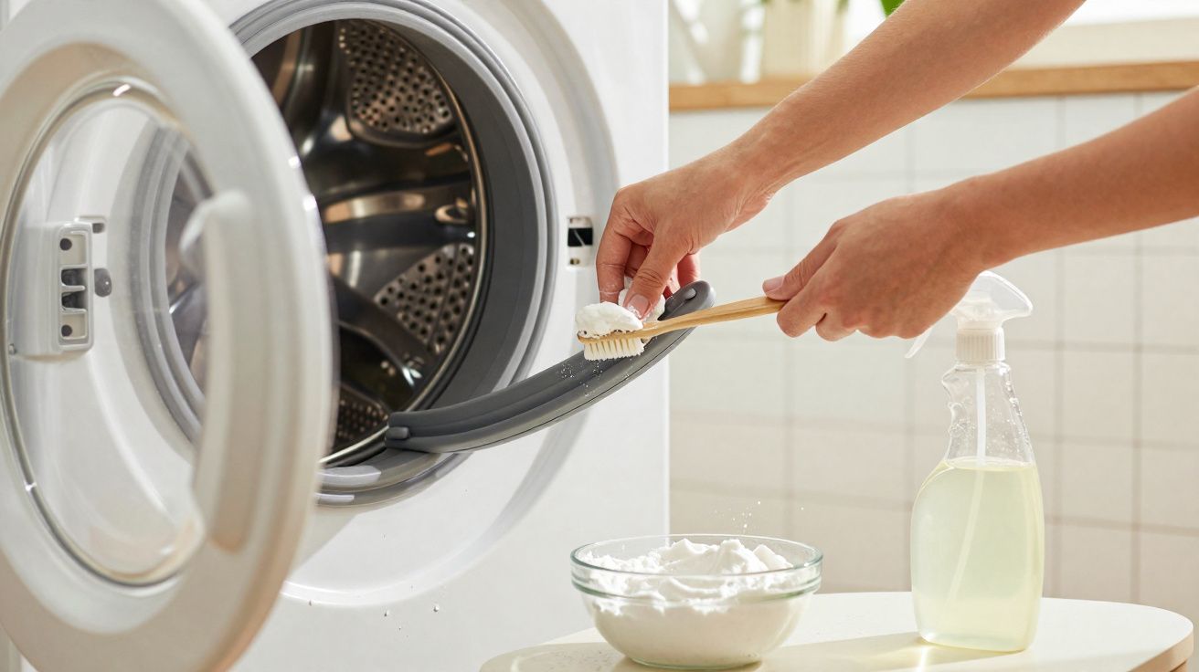 Pessoa limpando a borracha da porta de uma máquina de lavar com escova e pasta de limpeza.