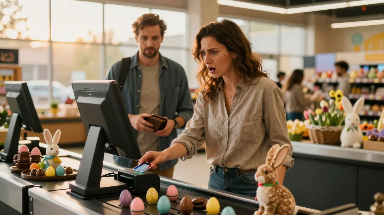 Mulher surpresa usando pagamento por smartphone em caixa decorado com ovos de Páscoa e coelhos em supermercado.