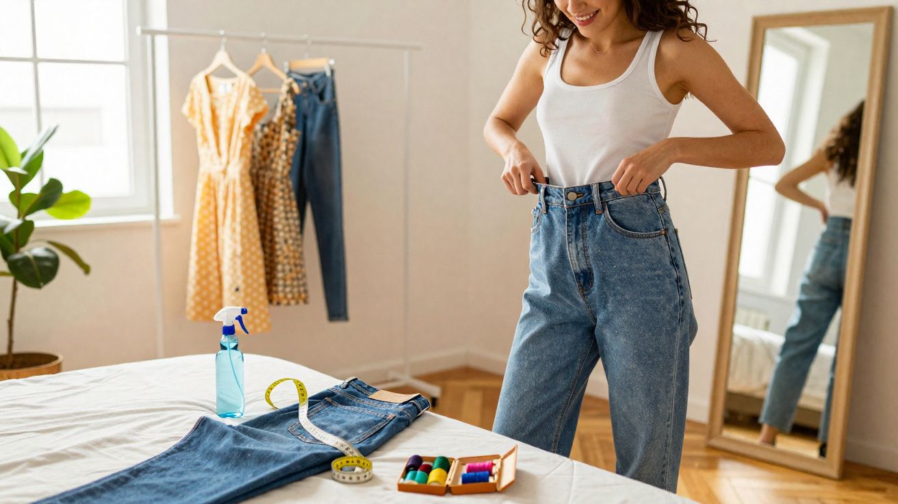 Mulher experimenta calça jeans em quarto com espelho, roupas penduradas e materiais de costura sobre a cama.
