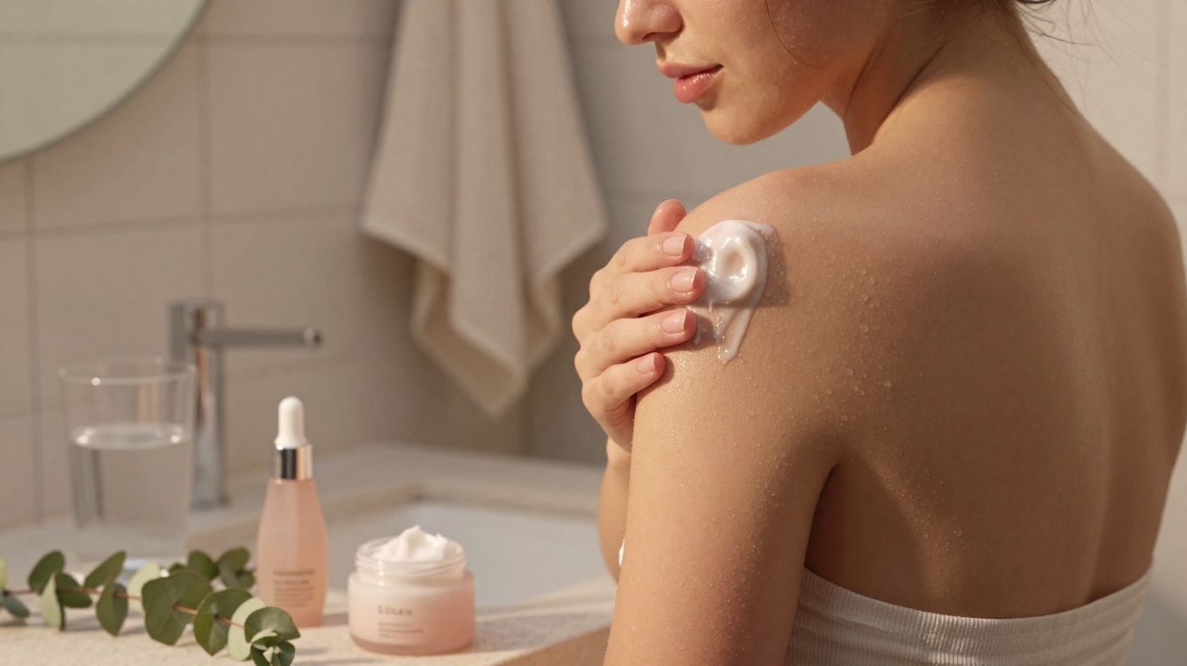 Mulher aplicando creme no ombro em banheiro com produtos de cuidados da pele sobre a pia.