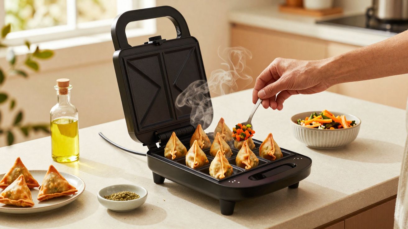 Mini pastéis dourados assando em aparelho elétrico, com mão colocando recheio de legumes.