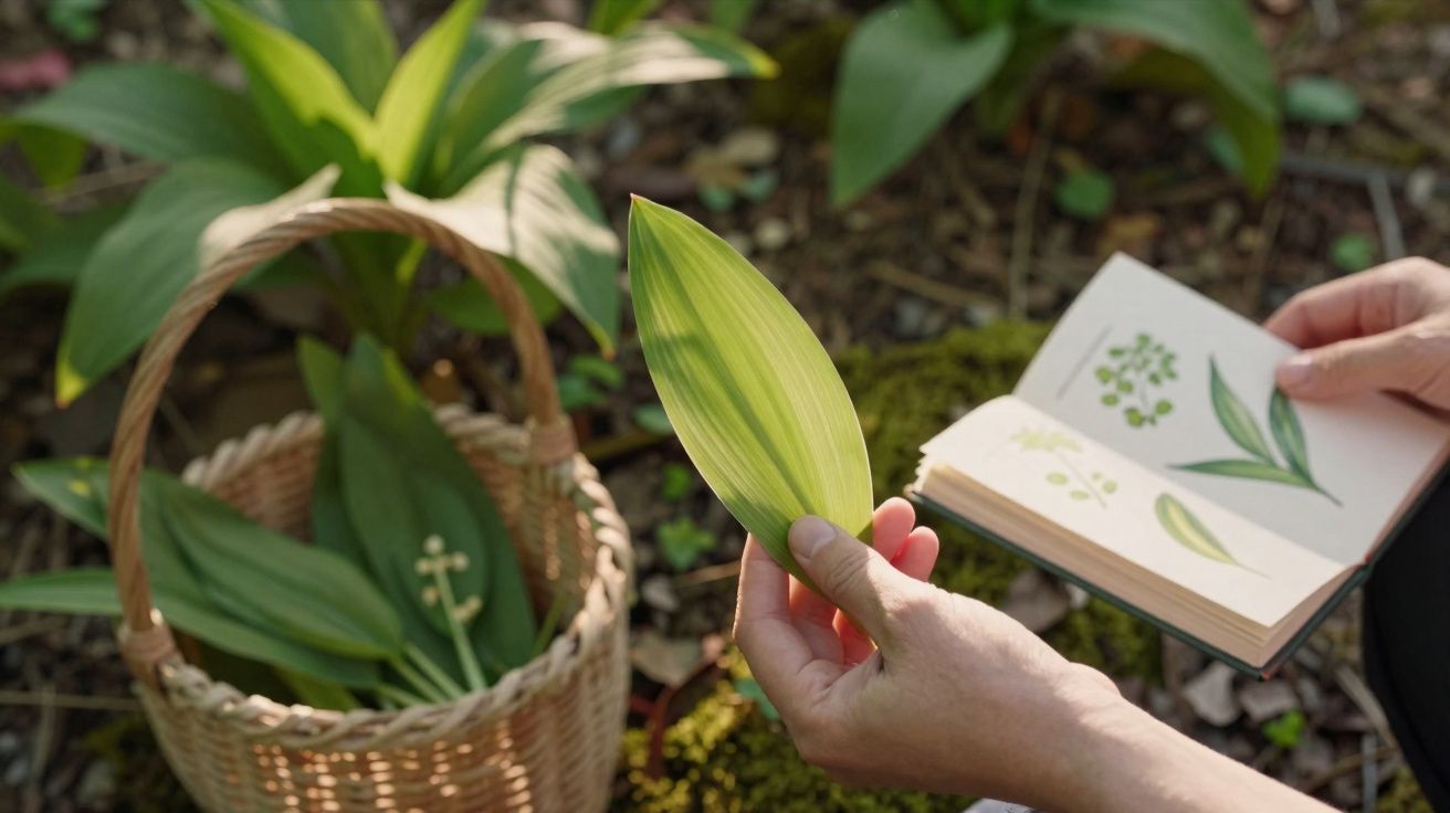 Pessoa segurando folha verde e livro com desenhos botânicos ao lado de cesta com mais folhas verdes.