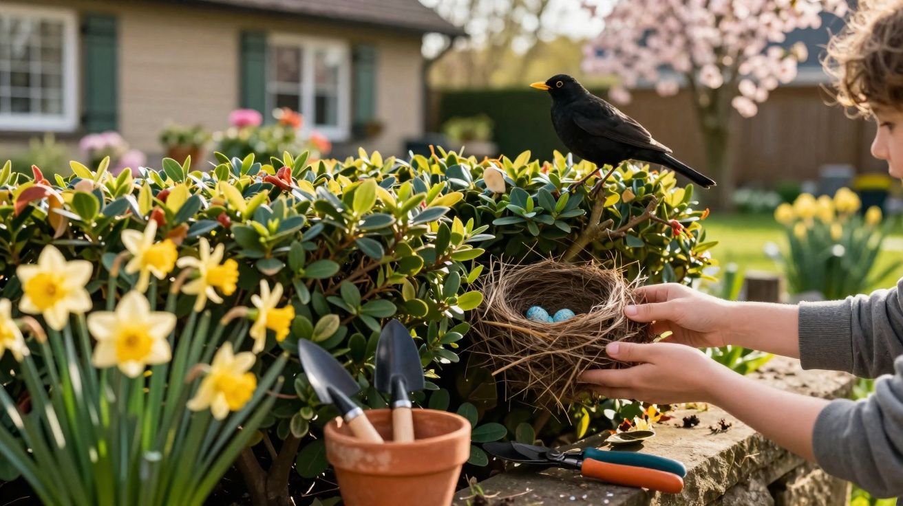 Criança segurando ninho com ovos azuis em jardim, pássaro preto no arbusto e flores amarelas ao redor.